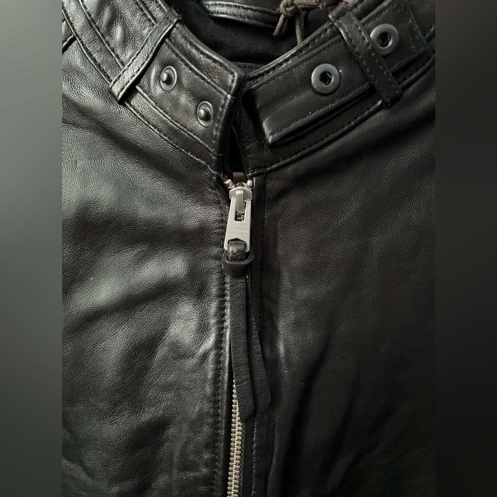 AllSaints Cora Leather Snap Back Collar Jacket Men’s Size Large in Jet Black - Picture 3 of 9